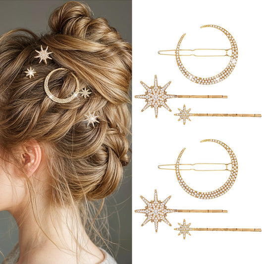 AOZUO 6 Pieces Star Shape Hair Clips Metal Rhinestone Bridal Wedding Hair Accessories for Women and Girls (Gold)