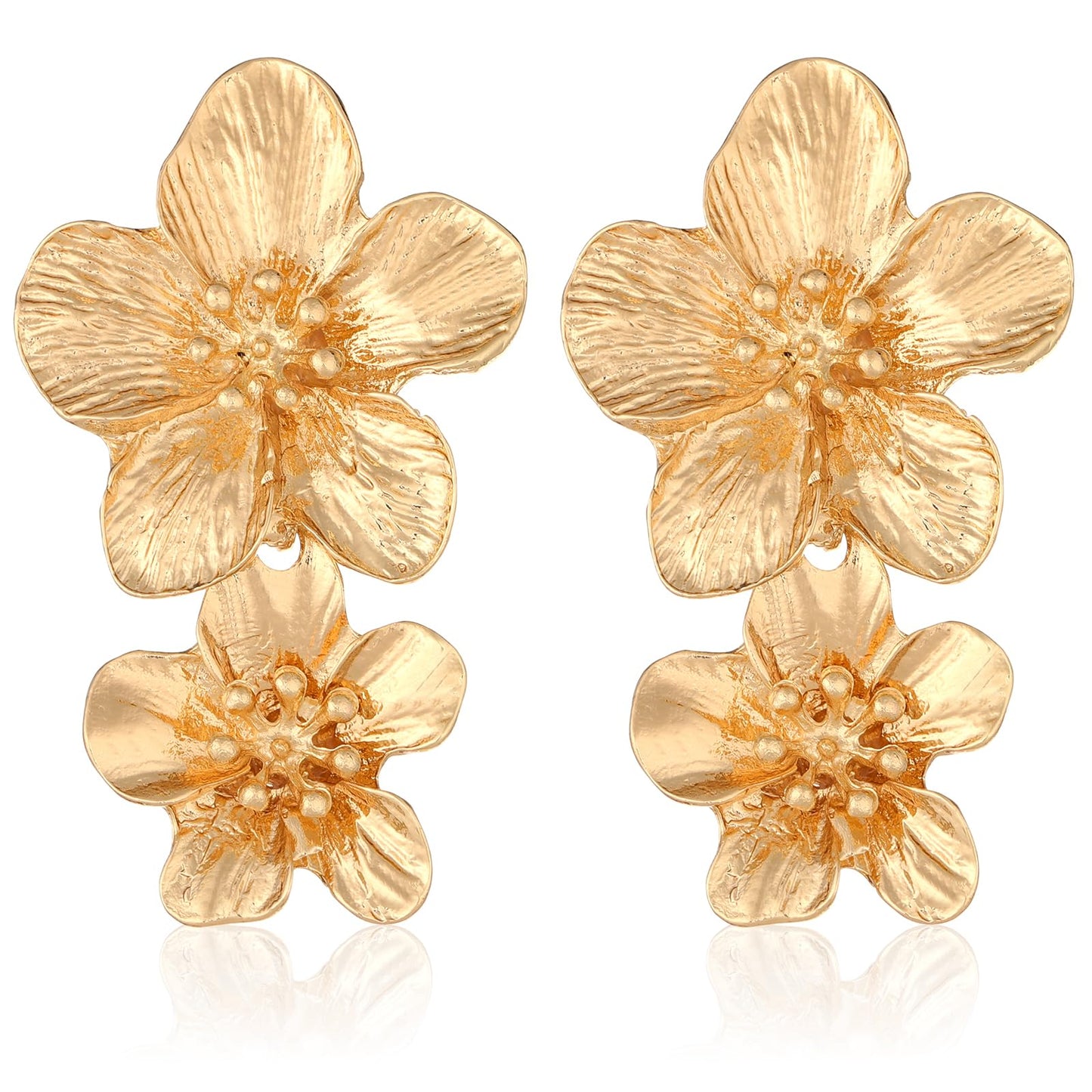 TIESOME Gold Flower Earrings, Double Flower Gold Statement Earrings for Women Boho Earrings Big Gold Earrings Floral Petal Earrings for Flower Girls Gifts Women Jewelry Gifts