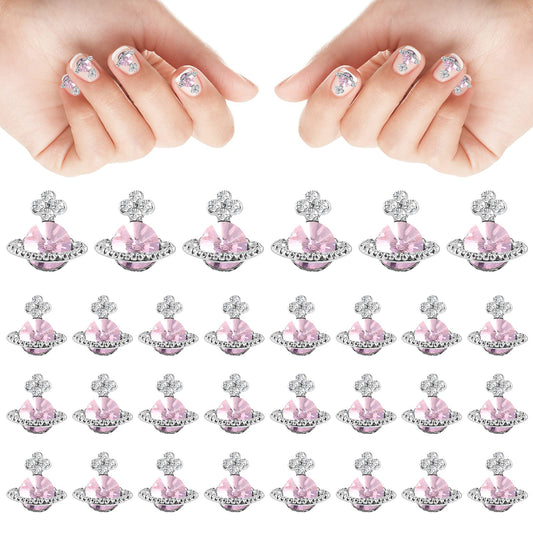 TIESOME 20Pcs Planet Nail Charms, 3D Nail Rhinestones Nail Art Zircon Alloy Manicure Jewelry Cute Glitter Nail Accessories for Women Girls Nail Decorations (Pink)
