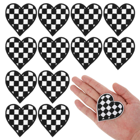Molain 12pcs Heart Iron On Patches, Checkered Heart Patches Embroidered Sew On Patches Classic Checkered Decorative Applique for T-Shirts Jackets Jeans Vests Hats Backpacks 2.6x2.4 Inch(Black White)