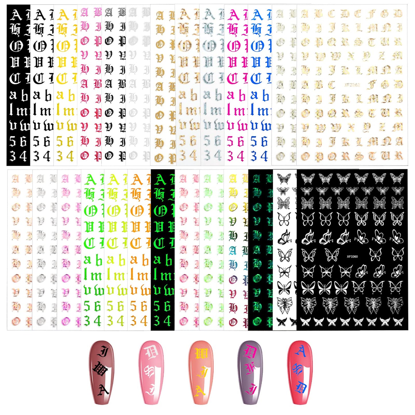 cobee Holographic Letter Nail Art Stickers, 24 Sheet Old English Nail Sticker + 2 Sheet Butterfly Decals Alphabet Nail Decals 3D Self Adhesive Letters Numbers Nail Decals Nail Art DIY Charms