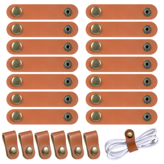 JJUNW 20Pcs Leather Cord Organizer, Cable Clips Leather, Brown Strap Charging Cables Multipurpose Leather-Wire Cable Ties for Charging Cord Power Cords (7cm)(9cm)