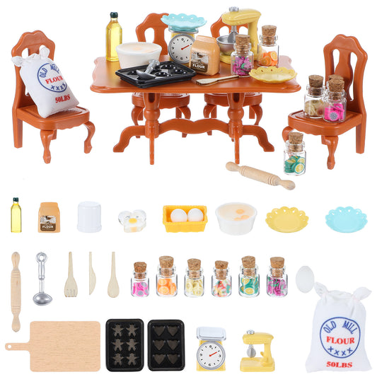 AOZUO 35Pcs Dollhouse Furniture Set, Miniature Doll House Kitchen Accessories, Mini Breakfast Scene Dollhouse Accessory, Gnome Table and Chair Set for DIY Dollhouse Decoration Pretend Play Gift