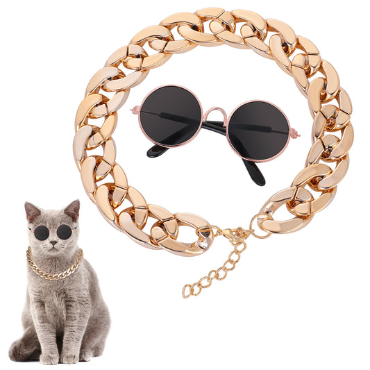 HJZHII Cat Costume Sunglasses with Collar Chain, Retro Pet Eyeglasses Funny Kittens Costume Docorations Cosplay Dog Puppies Photo Props for Birthday (Rose Gold)