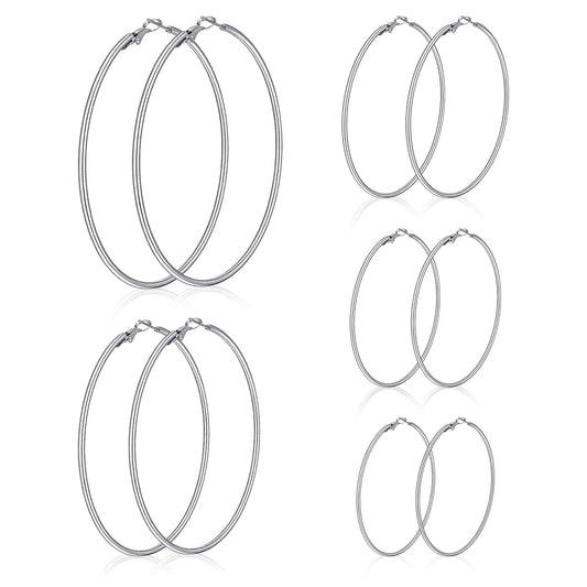 MBAIYO 5 Pairs Stainless Steel Hoop Earrings, Stainless Steel Circle Silver Hoop Cartilage Gold Silver Thin Oversize Earring for Women Stylish Simple Hoop Earrings for Women 30/40/50/60/70mm