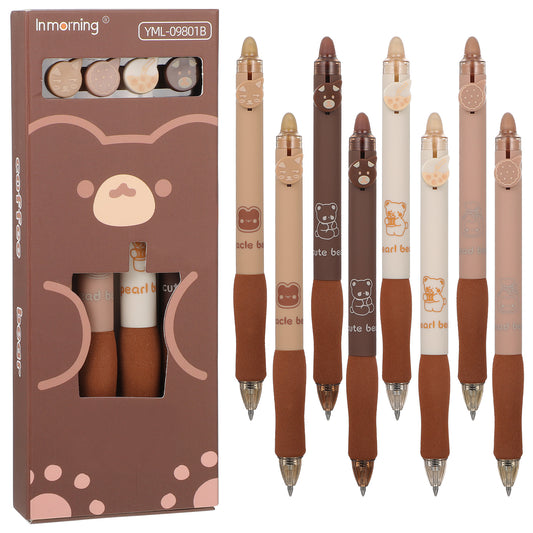 Giantree 8Pcs Erasable Pens, Cute Retractable Erasable Gel Pens, Erasable Pens Multicolor Cute Bear Erasable Pens for Kids, Aesthetic Pens Smooth Write Quick Dry Easy to Erase Office School Pen(Brown)