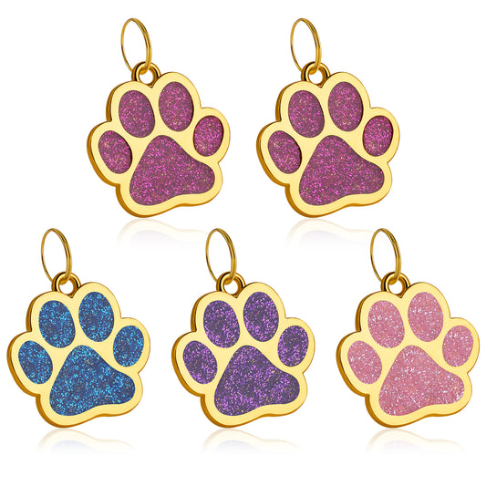 Molain Custom Gold Pet ID Tags, 5 Pcs Glitter Paw Shape Dog ID Tag, Dog Collar Tag, Stainless Steel Dog Cat Personalized Name Engraved Tags, Cute Dog Tags, Blank Pet ID Tags for Dogs Cats