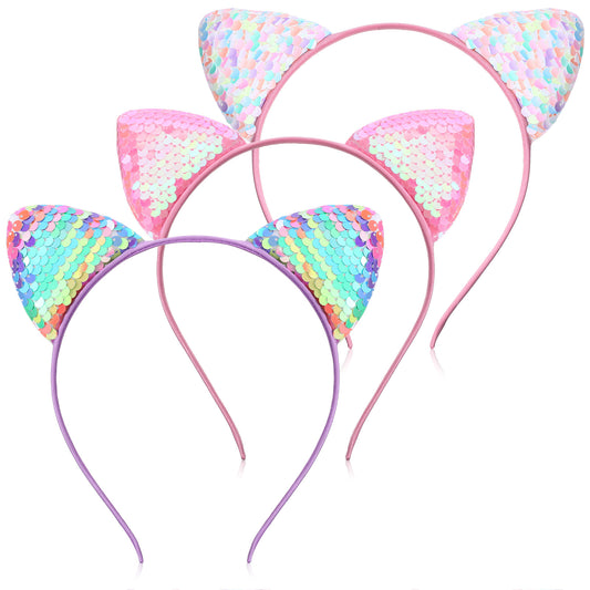 HJZHII 3Pcs Reversible Sequin Cat Ears Headbands, Glitter Sparkly Cat Hairbands Cute Shiny Hair Accessories for Girls Women Daily Wearing and Party Cosplay Decoration