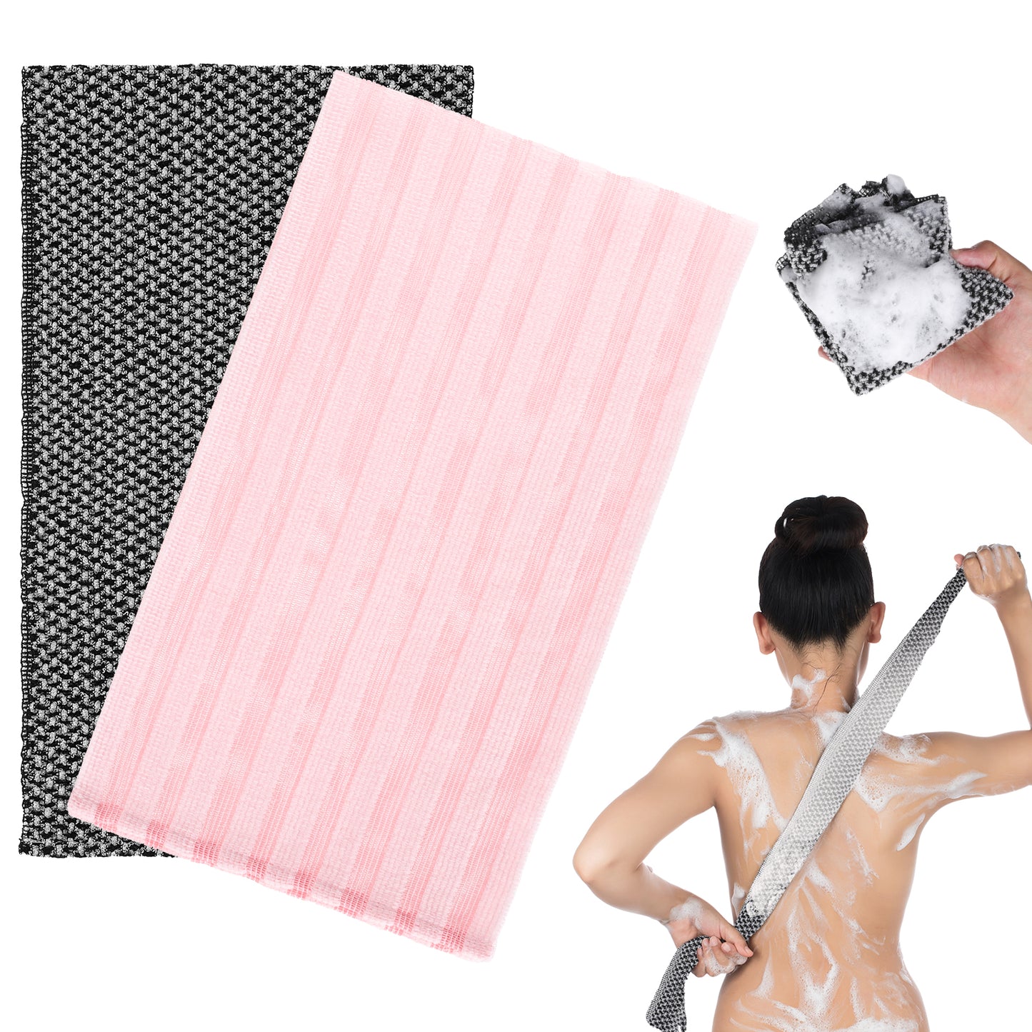 TIESOME Japanese Exfoliating Shower Towel, 2 Pcs Extra Long Deep Exfoliating Washcloth Back Scrubber for Men & Women, Dual Texture Mesh + Striped Grip (Includes 1 Black Mesh + 1 Pink Stripe)