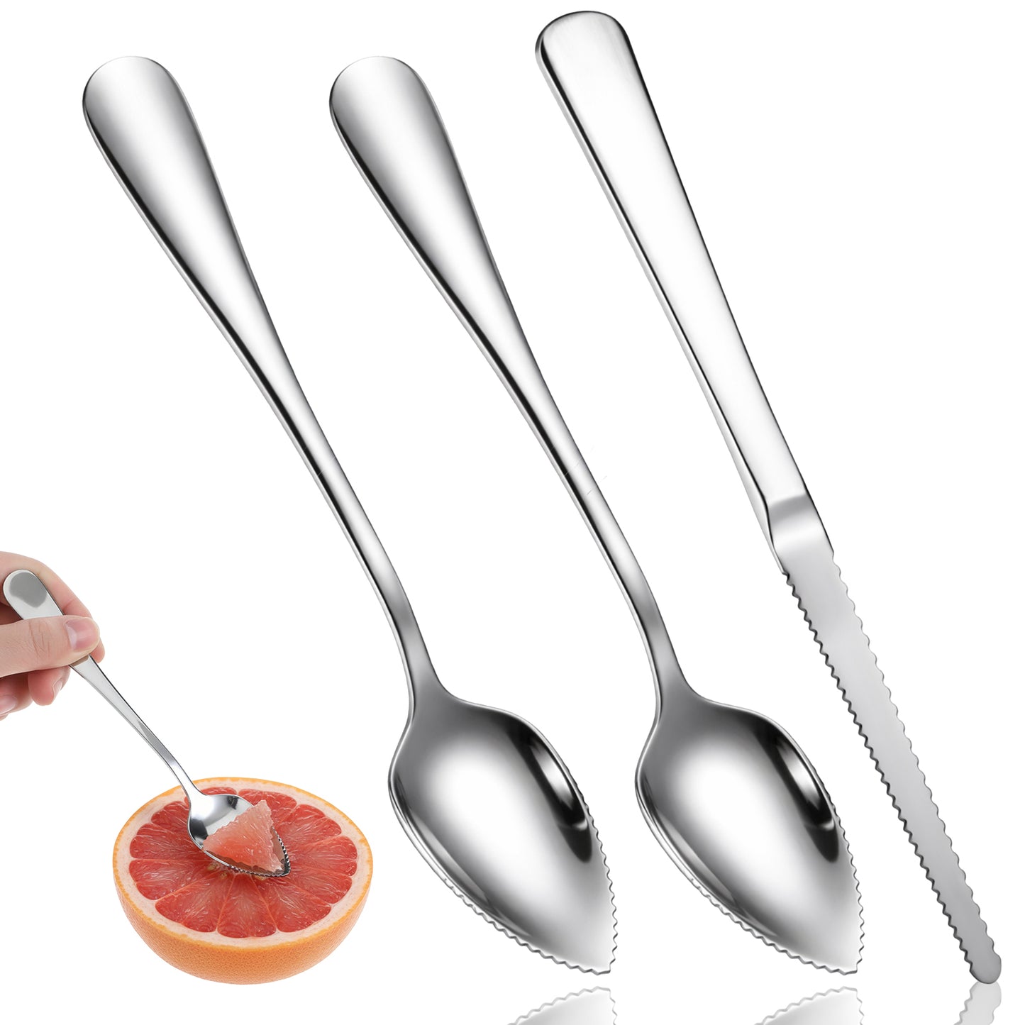cobee 3 Pcs Grapefruit Spoons and Knife Set, Stainless Steel Flatware Set with Serrated Silver Kitchen Cutting Utensil Tool Fruit Eating Tools for Citrus Lemon Kiwi Melon Lime Fruit Puree Dessert