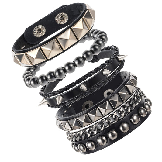 LXUEJIE 4Pcs PU Leather Rock Studded Bracelets, Punk Spike Bracelet Leather Cuff Bracelet 80s Wristband Adjustable Emo Punk Accessories Grunge Bracelets Jewelry Gifts for Men Women
