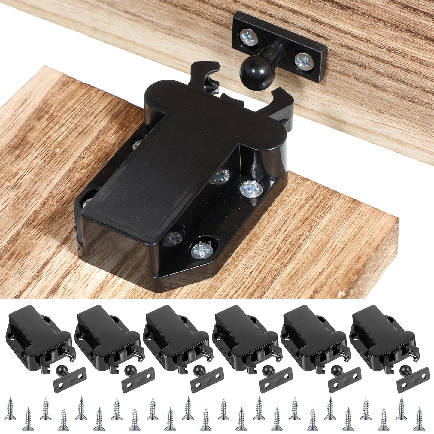 HJZHII 6 Pack Push Latches for Cabinets, Push to Open Cabinet Catch Lock Rebound self-Locking Device Cabinet Hardware for Cabinets Drawer Wardrobe Kitchen Door(Black)