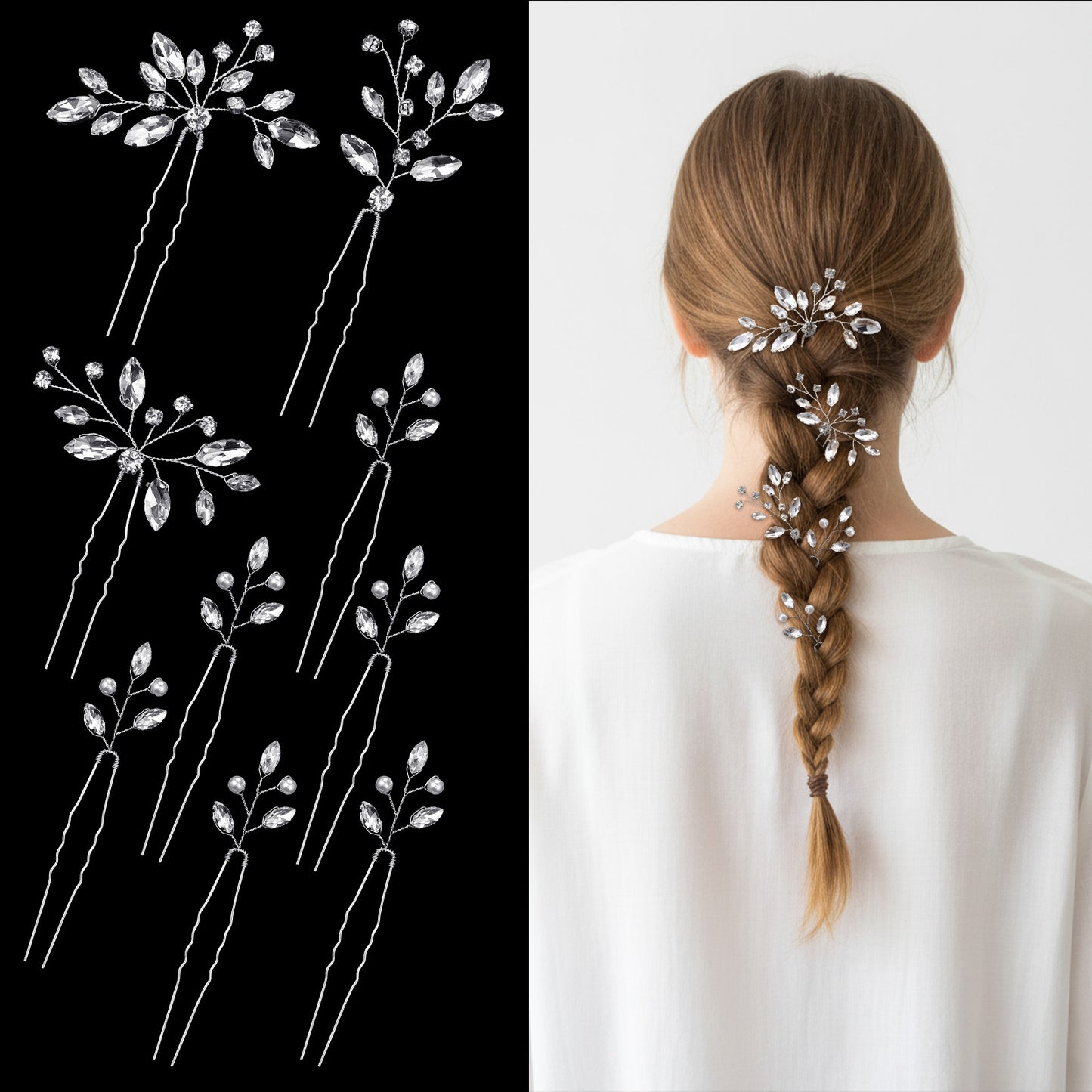 DOPENSPI 9 PCS Bride Wedding Hair Pins, Rhinstones Bride Hair Pins Bridal Crystal Hairs Accessories HairJewelry Wedding Silver HairPiece for Women Girls Brides Bridesmaids