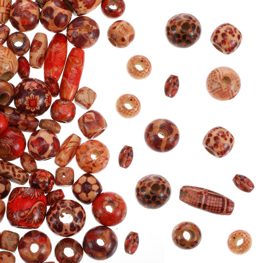 LXUEJIE 200Pcs Natural Printed Wooden Beads for Crafts, Large Hole Painted Wooden Craft Beads Vintage Wood Spacer Bead for Jewelry Making Necklace Bracelet DIY Craft Handmade Decoration