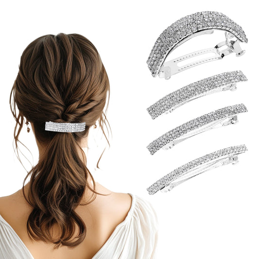 JJUNW 4 Pieces of Rhinestone Hair Clips, Small Sparkly Rhinestone Bling Hair Clips, Glitter Sparkly Metal Spring Hair Accessories Crystal Ponytail Holders Side Clips for Women (Silver)