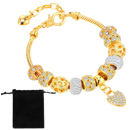 LXUEJIE Gold Beads Bracelets Rhinestone Heart Charm Bracelet Luxury Adjustable Bangle for Women Christmas Gifts