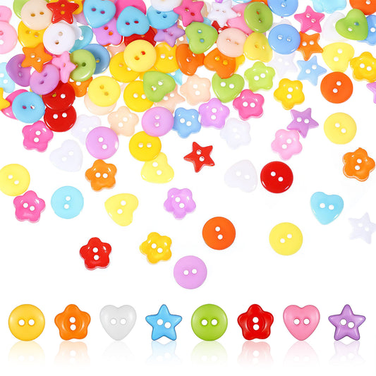 JJUNW 200 Pcs Mixed Color and Style Mini Buttons, 12 mm Colorful Craft Sewing Button, Plastic Button Round Heart Star Flower Mix Buttons for DIY Crafts Painting Sewing Doll Cloth Decoration