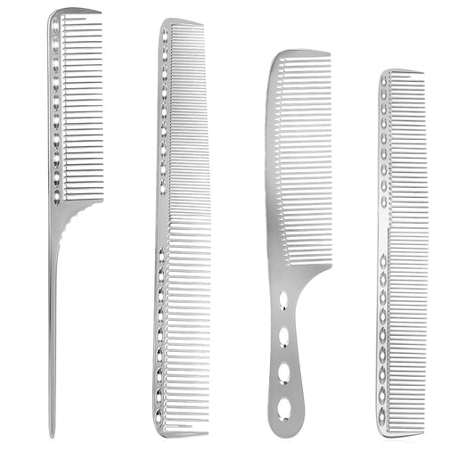Giantree 4Pcs Metal Comb, Barber Comb Metal Comb for Men, Flat Iron Comb, Aluminum Dressing Comb Professional Barber Types, Combs for Man and Woman Hairdressing Heat Resistant Barber Comb (Silver)