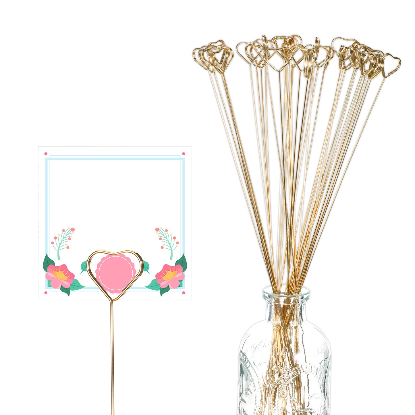 SHENLIU 80Pcs Floral Card Holder Picks, Gift Card Bouquet Holder Heart Loop Round Shape Card Holders Gold Floral Photo Holders for Flower Arrangement Wedding Tables Display Cake Topper