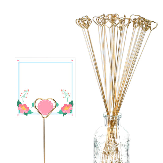 SHENLIU 80Pcs Floral Card Holder Picks, Gift Card Bouquet Holder Heart Loop Round Shape Card Holders Gold Floral Photo Holders for Flower Arrangement Wedding Tables Display Cake Topper