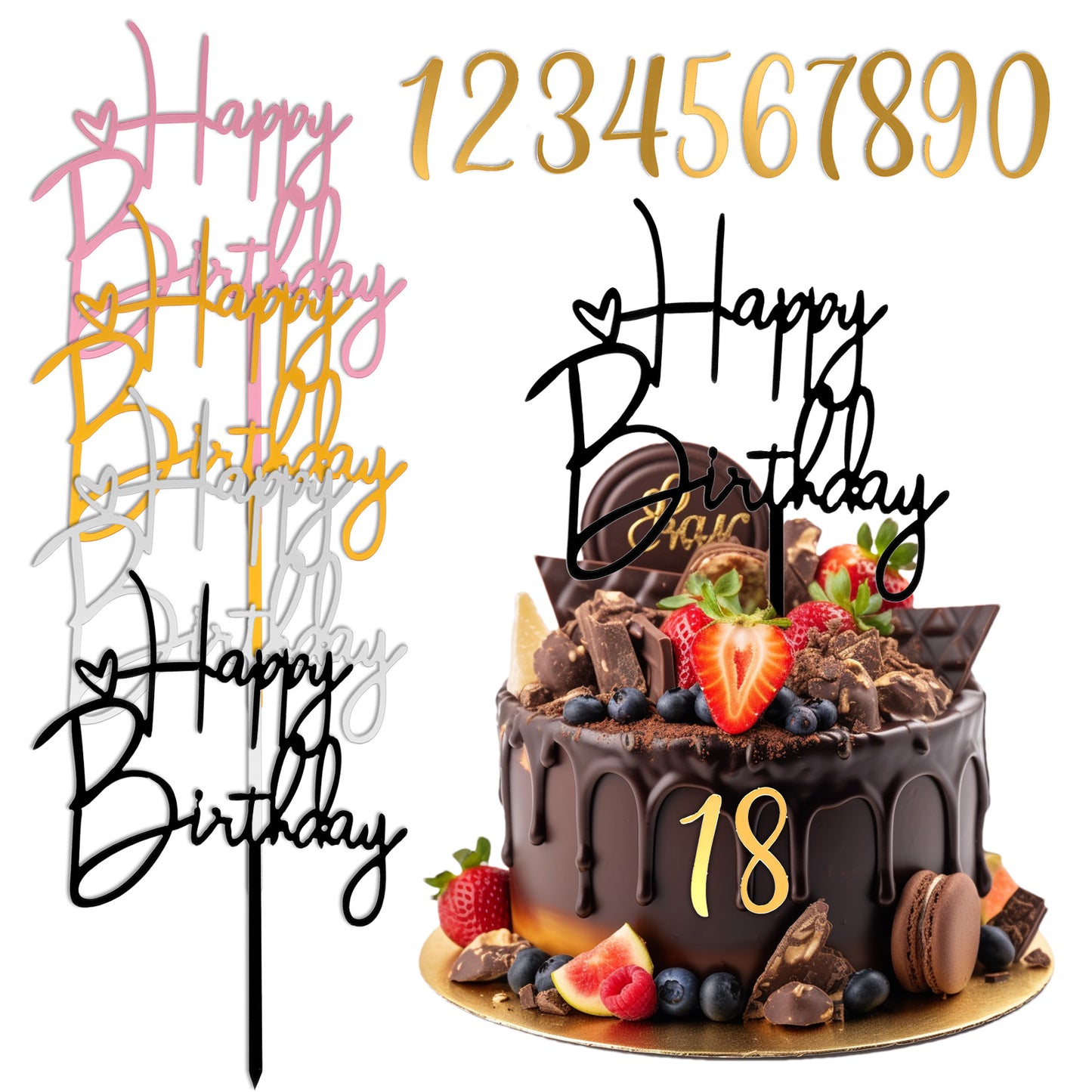 DOPENSPI 4PCS Happy Birthday Cake Toppers, 2Sets Number Cake Topper 0-9, Acrylic Happy Birthday Cakes Decoration 4Colour Mirror HappyBirthdays Picks for Anniversary Birthdays Party