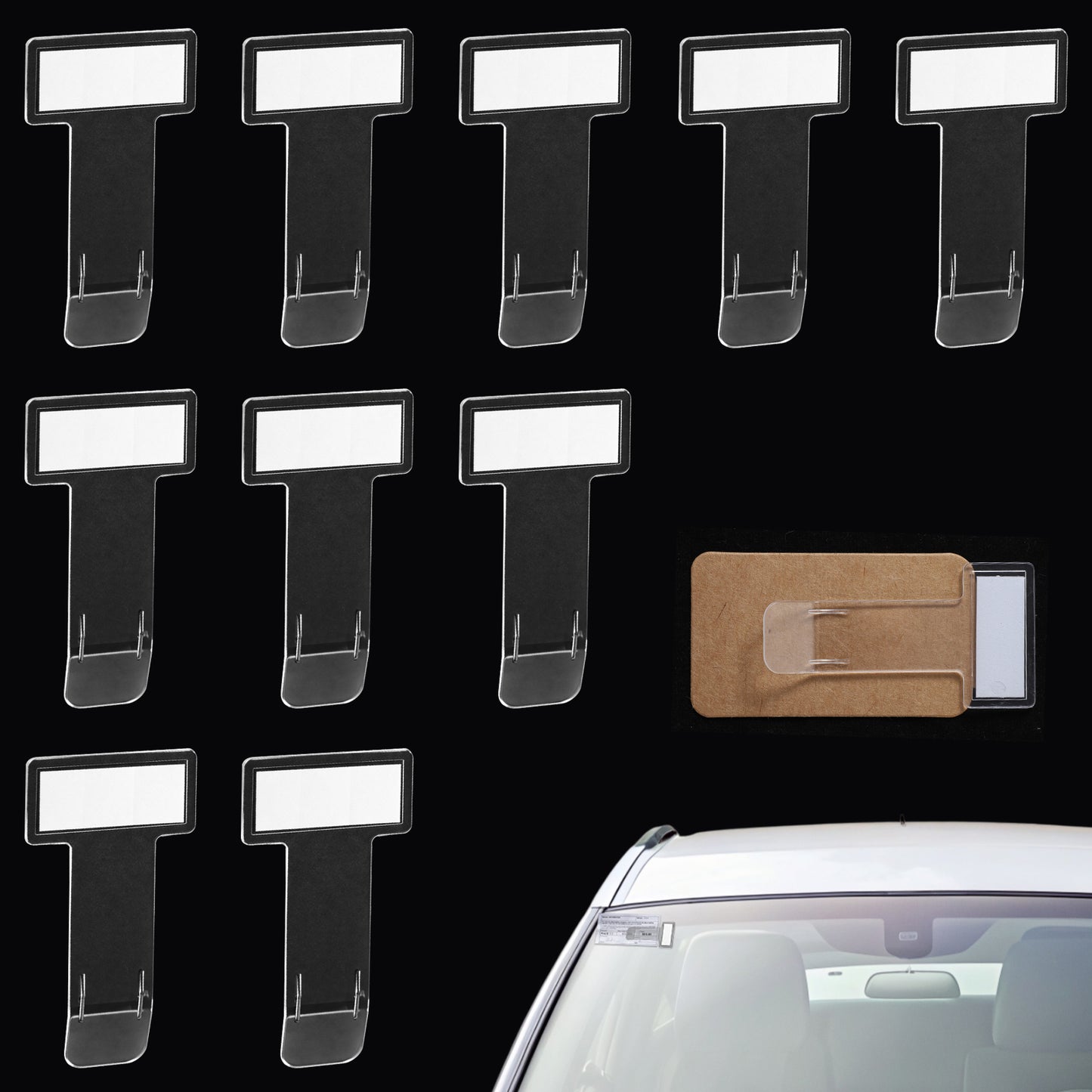 TIESOME 10 Pcs Parking Permit Holder for Car Windscreen, Transparent Dashboard Permit Pass Clip with Adhesive Pads, Clear Window Card Holder for Cars Vans SUVs, Easy Stick on Windshield