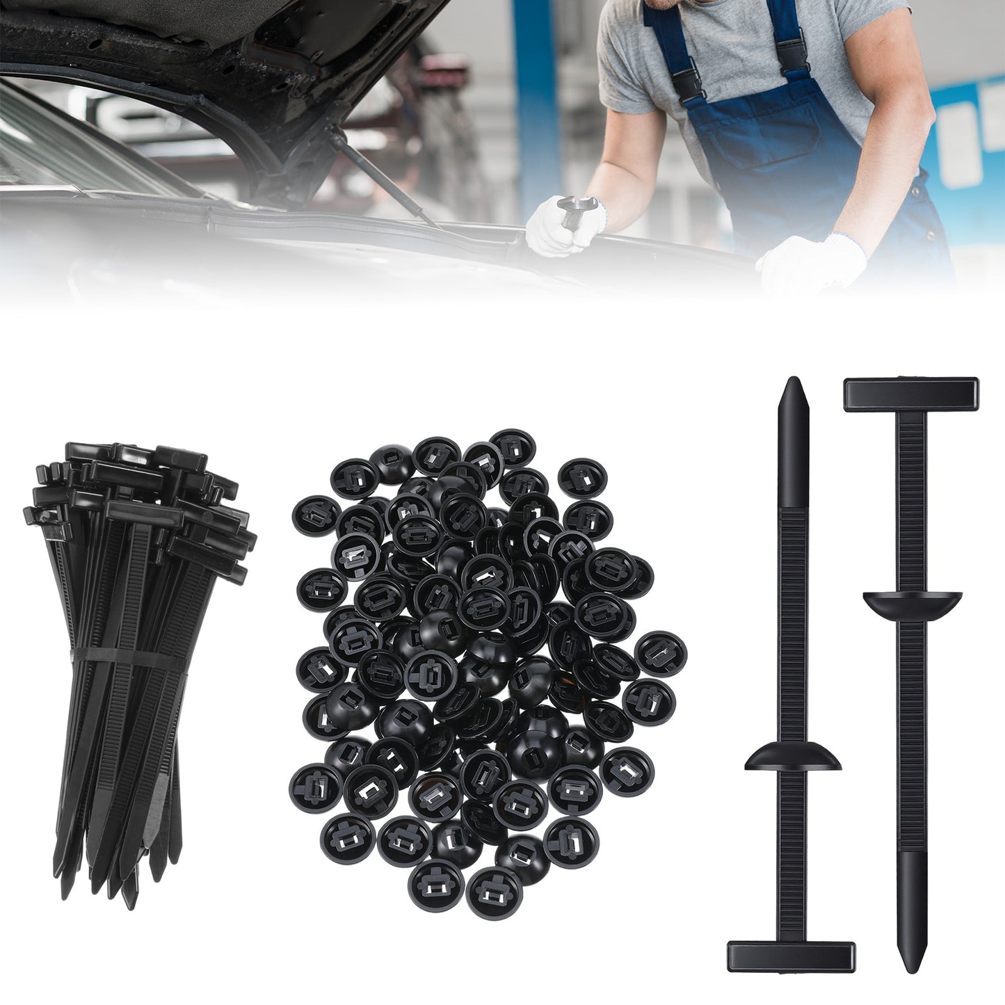 TIESOME 100 Pcs Cable Tie Buckles, 5 x 90mm Nylon Zip Ties with Snap Pin & Button, Black Multifunctional Fasteners for Cars, Bumper Clips, Wire Management, UV Resistant