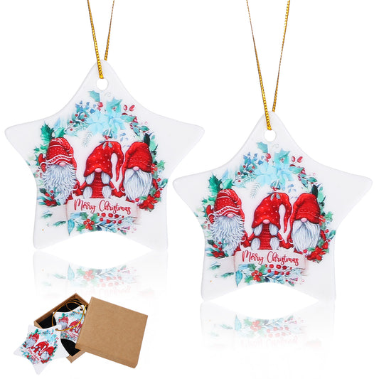 AOZUO 2PCS Cute Christmas Tree Ornaments, Ceramic Xmas Tree Decorations Small Star Gnome Ornaments with Gift Box for Christmas Tree Decorating Christmas Ornaments