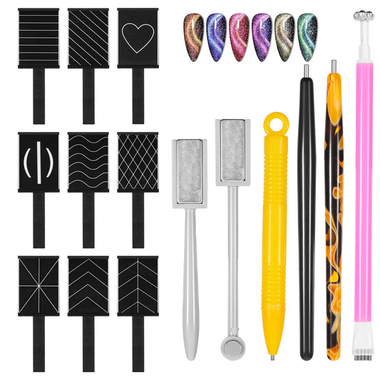 TIESOME 15Pcs Cat Eye Magnet for Nails Polish Magnet Stick Tool Set, Double-Head Strong Suction Nail Magnet Pen for 3D Magnetic Cat Eye Gel Polish UV Gel Nail Art Design