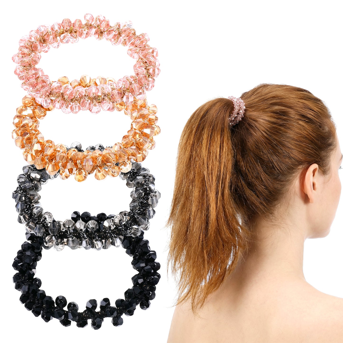 DOPENSPI 4 Pcs Rhinestone Hair Ties, Sparkly Beaded Scrunchies Crystal Elastic Ponytail Holders Hair Accessories for Women