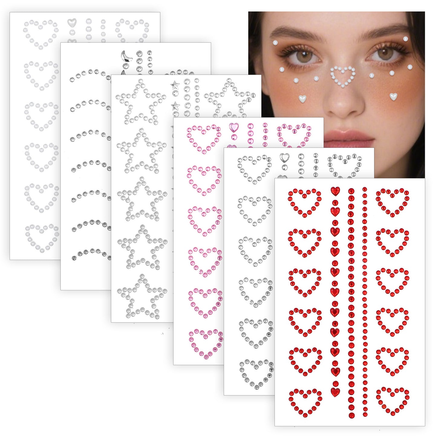 DOPENSPI 6Sheet Face Gems, Self Adhesive 3D Star Heart Moon Shape Face Gems Stickers with Tweezer Facial Jewels Body Gem for Faces Eye Makeup Body DIY Craft
