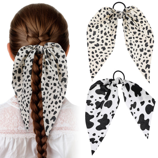 AOZUO 2pcs Spotted Pattern Hair Band, Elastic Cow Print and Leopard Bowknot Hair Tie Ropes Ponytail Holder Hair Scarf Scrunchies Rabbit Bunny Ear Scrunchy Hair Ribbon Aesthetic Hair Accessories(A)