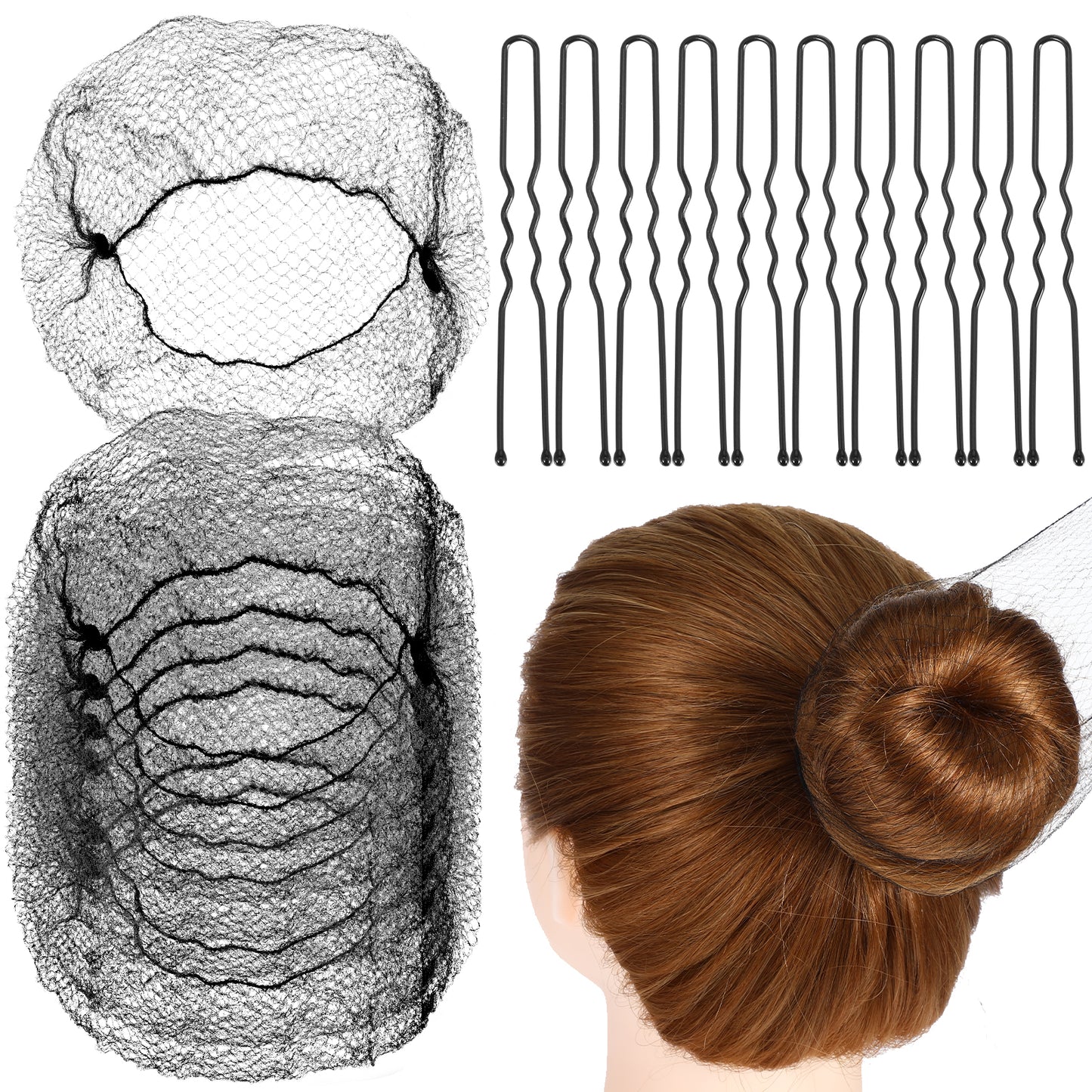 GEEHUA 50PCS Hair Nets Set, Invisible Bun Hair Nets Elastic Edge Mesh Hair Covers with 40pcs U Shaped Hair Pins Bun Maker for Women Girl Ballet Gymnastics Dancer Catering Sleeping(Black)