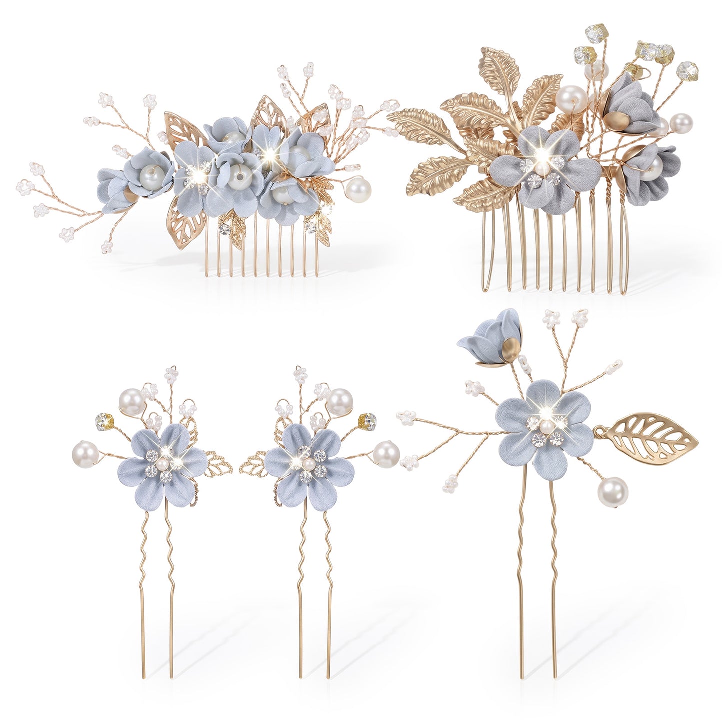 GEEHUA 5PCS Bridal Hair Comb, Blue Flower Hair Combs for Bride Blue Wedding HairPiece Handmade Pearl Crystal HairClip HairAccessories for Women Prom Wedding Party