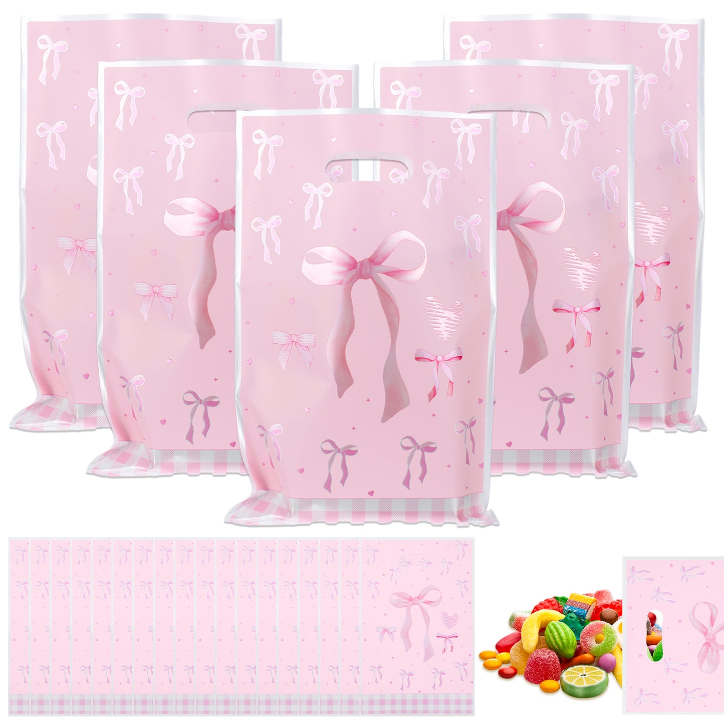 MBAIYO 100 Pcs Pink Bow Gift Bag Plastic, Bowknot Gift Bag Supplies Favors Goodie Bags with Handle 9.8x6.5inch Candy Bags for Birthday Bridal Shower Bachelorette Engage Wedding Sweet Party Supplies