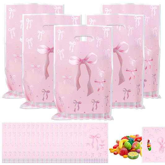 MBAIYO 100 Pcs Pink Bow Gift Bag Plastic, Bowknot Gift Bag Supplies Favors Goodie Bags with Handle 9.8x6.5inch Candy Bags for Birthday Bridal Shower Bachelorette Engage Wedding Sweet Party Supplies