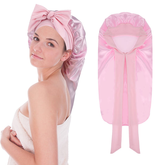 JIYIN Long Satin Bonnet for Sleeping, Long Bonnet Satin Bonnet Silk Bonnet for Sleeping Women Long Hair Bonnet Sleep Cap with Tie Band Silk Sleep Cap for Braids Curly Hair (UK, Alpha, One Size, Pink)