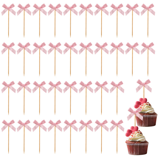 HJZHII 36PCS Pink Bow Cupcake Toppers, Cupcake Picks Coquette Bow Birthday Cake Decor Bownot Pink Cake Topper for Cupcake Cake Baking Themed Party Birthday Bridal Shower Party
