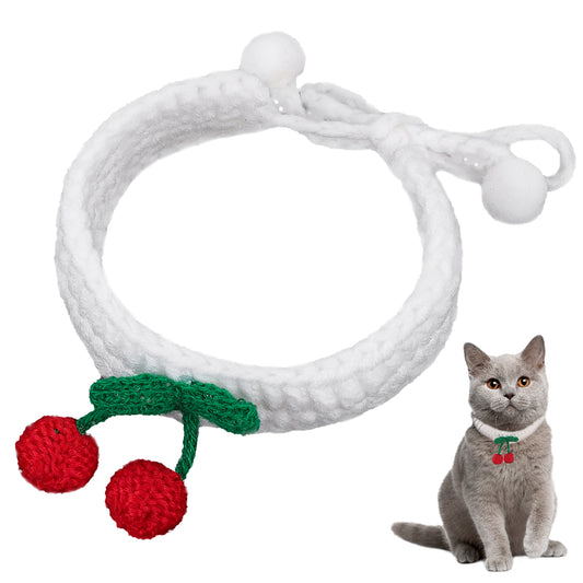 Molain Cat Knitted Neck Strap- Puppy Collar Costume Bib Decorative Girls Wool Cute Cherry Scarf Washable Adjustable Accessories Party Ornaments for Small Dogs Cats Women Ladies (White&Cherry(25-43cm))