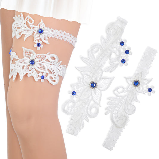 JIEYAO 2Pcs White Wedding Garters for Bride, Floral Lace Leg Ring Stretch Bridal Wedding Garter Belt with Blue Crystals