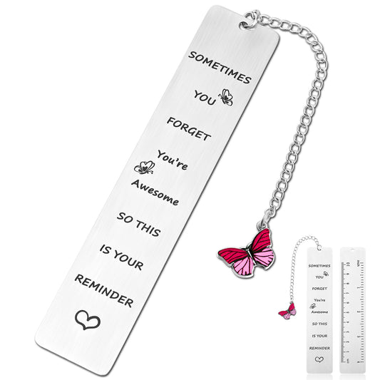 HJZHII Inspirational Gifts Bookmarks, Sometimes You Forget You're Awesome So This is Your Reminder with Butterfly Pendant Motivational Stainless Steel Book Markers Rulers for Reading()