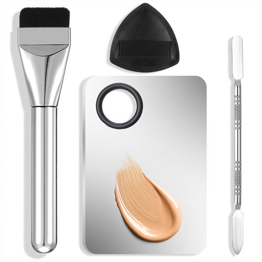 HJZHII 4 Pcs Makeup Foundation Mixing Palette Set, Including Makeup Mixing Palette, Double-Ended Spatula, MakeupPuff, Brush, Professional MakeupMixing PaletteSet Makeups PaletteTray (Stainless Steel)