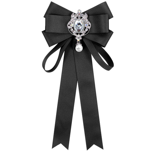 HJZHII Womens Bow Tie, Rhinestone Pearl Ribbon Bow Pre Tied Adjustable Neck Tie Detachable Ribbon Tie Bowtie for Wedding Party Ball Club(Black)