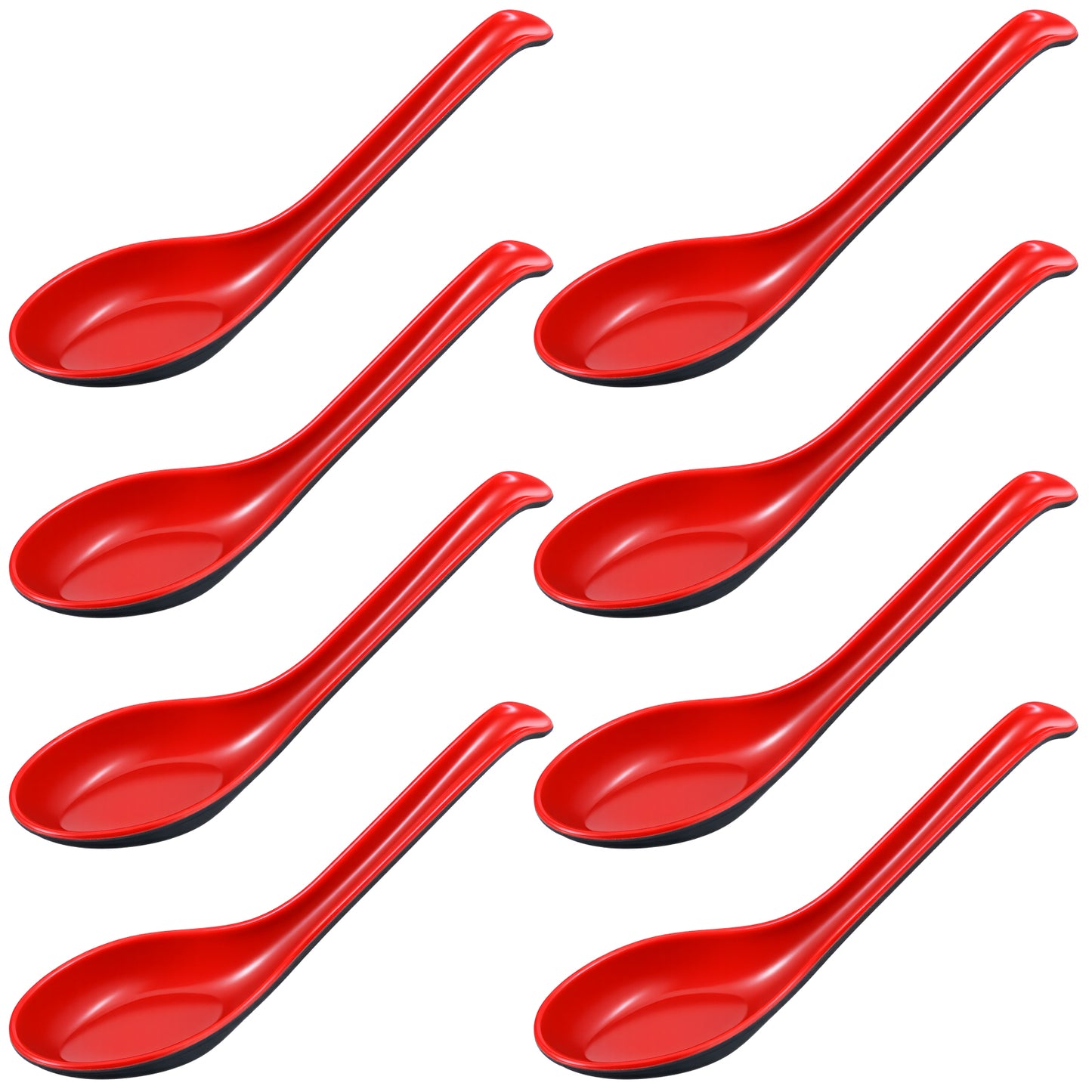 DOPENSPI 8PCS Asian Soup Spoons with Hook, 6.7in Red and Black Chinese Soup Spoons Japanese Ramen Spoon Chinese Wonton Soba Melamine Rice Pho Ramen Noodle Spoon