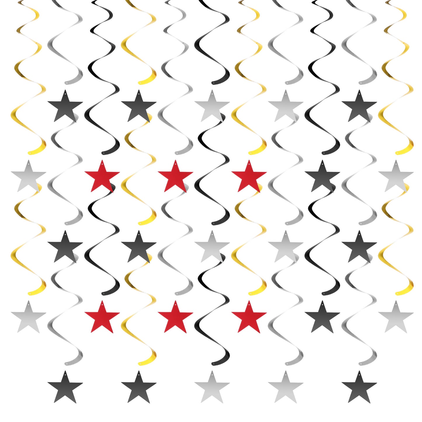 XLIUAX 30 Pcs Hanging Reflective Star Paper Garland, Silver Black and Gold Hanging Swirls Star Tassel Streamers Glitter Reflective Paper Swirl Decoration for Wedding Birthday Party Graduation