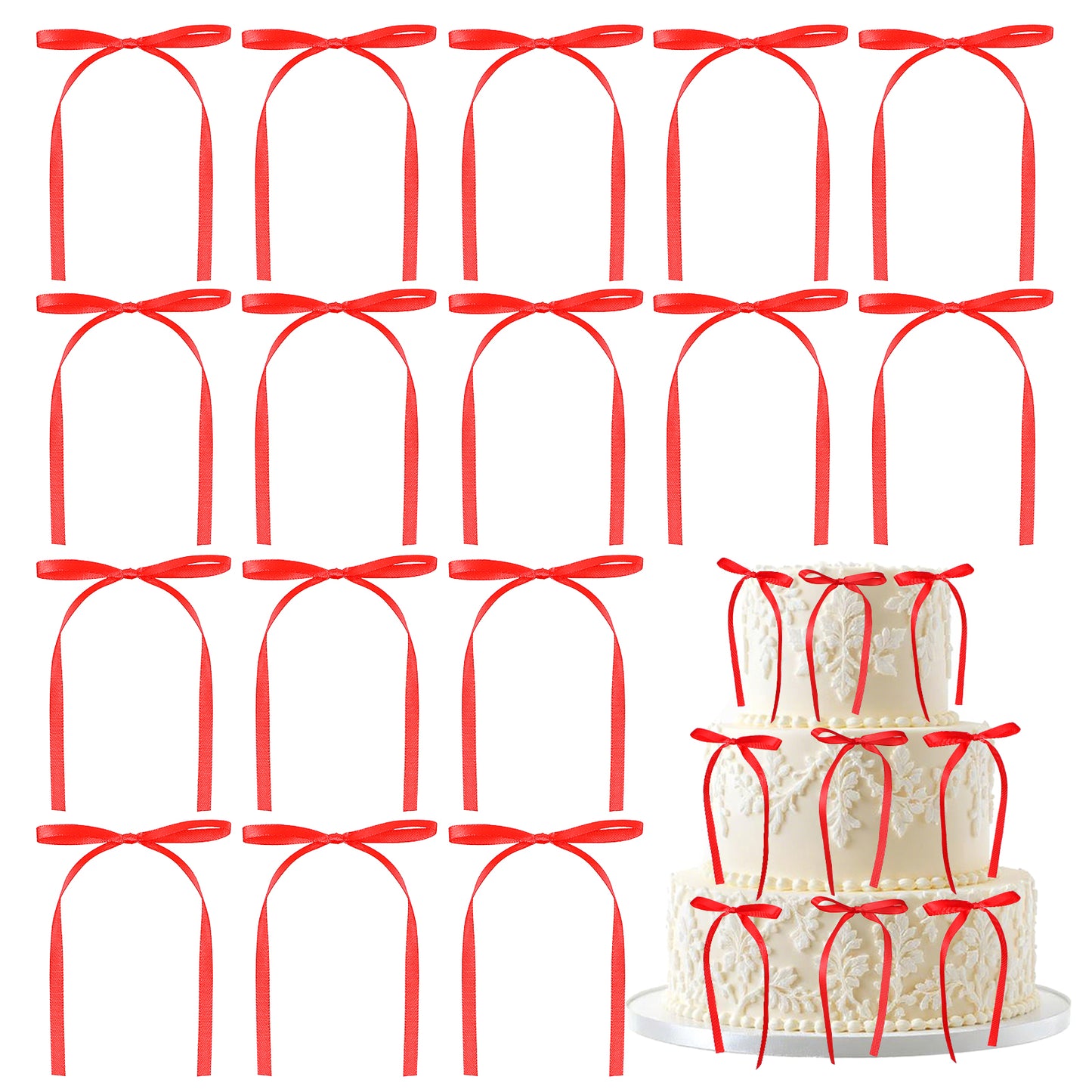 MBAIYO 60Pcs Bow Cupcake Toppers, Birthday Bowknot Ribbons Red Bow Cake Toppers High Footed Cup Balloon Wall Party Decorations for Birthday Wedding Party Decorations Dessert Picks