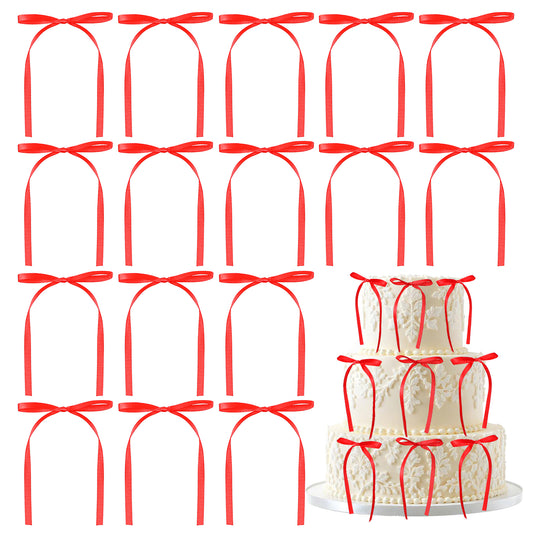 MBAIYO 60Pcs Bow Cupcake Toppers, Birthday Bowknot Ribbons Red Bow Cake Toppers High Footed Cup Balloon Wall Party Decorations for Birthday Wedding Party Decorations Dessert Picks