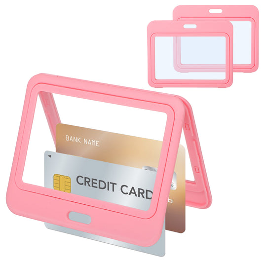 LXUEJIE 3Pcs ID Badge Holder with Double-Sided Windows Horizontal Case, Pink Hard Plastic Waterproof Card Case Protector for ID Credit Cards Proximity Key Cards Driver’s Licenses Passes