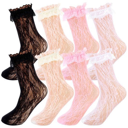 JIEYAO 4 Pairs Lace Ruffle Frilly Ankle Socks for Women, Soft Comfortable Cute Princess Dress Socks Lolita Accessories(Black, White, Pink, Cream White)