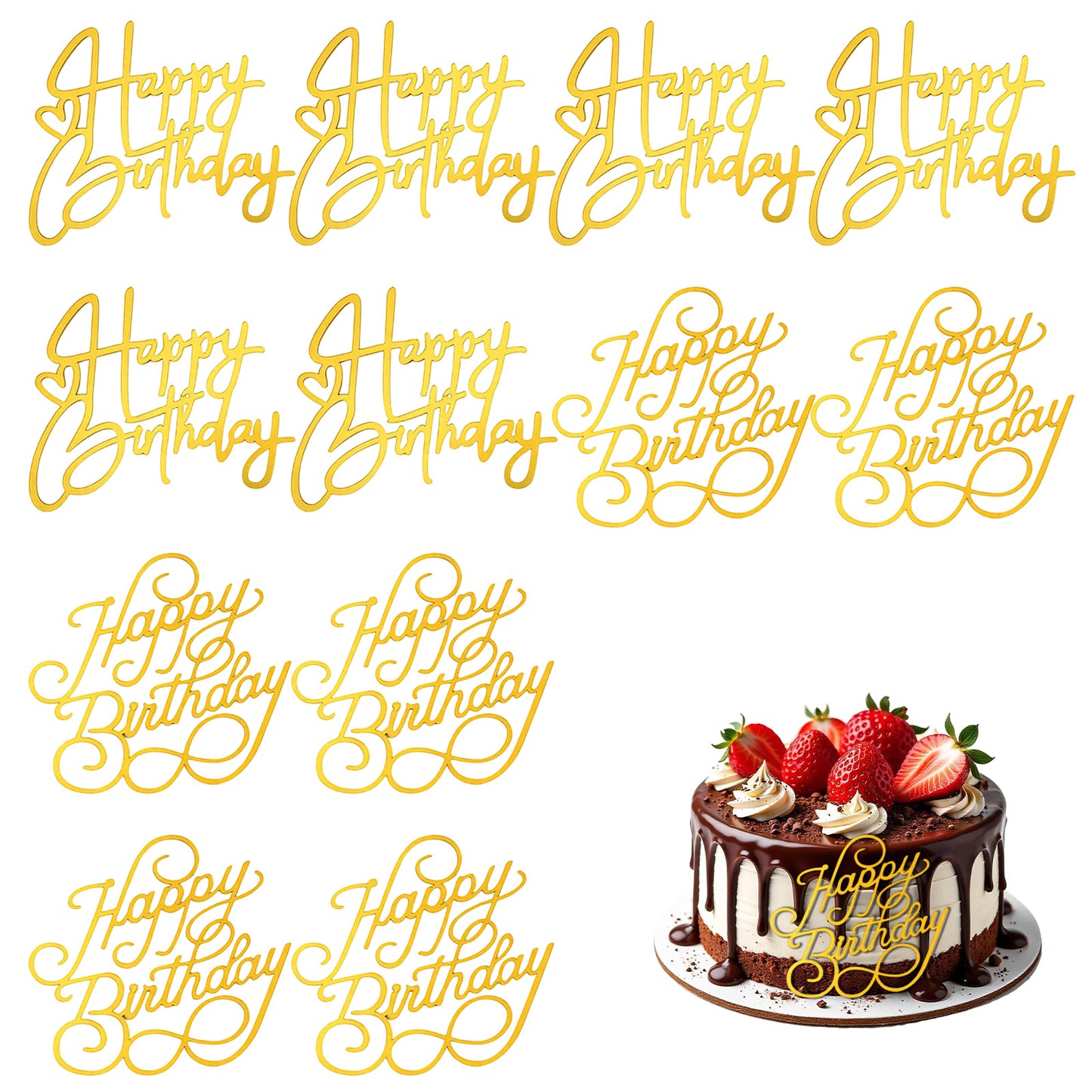 XLIUAX Happy Birthday Cake Toppers, Birthday Cake Decoration Gold Happy Birthdays Cakes Topper Gold Acrylic Cupcake Decorations Topper for Party Dessert Supplies Glitter Letters for Cakes 2 Sizes